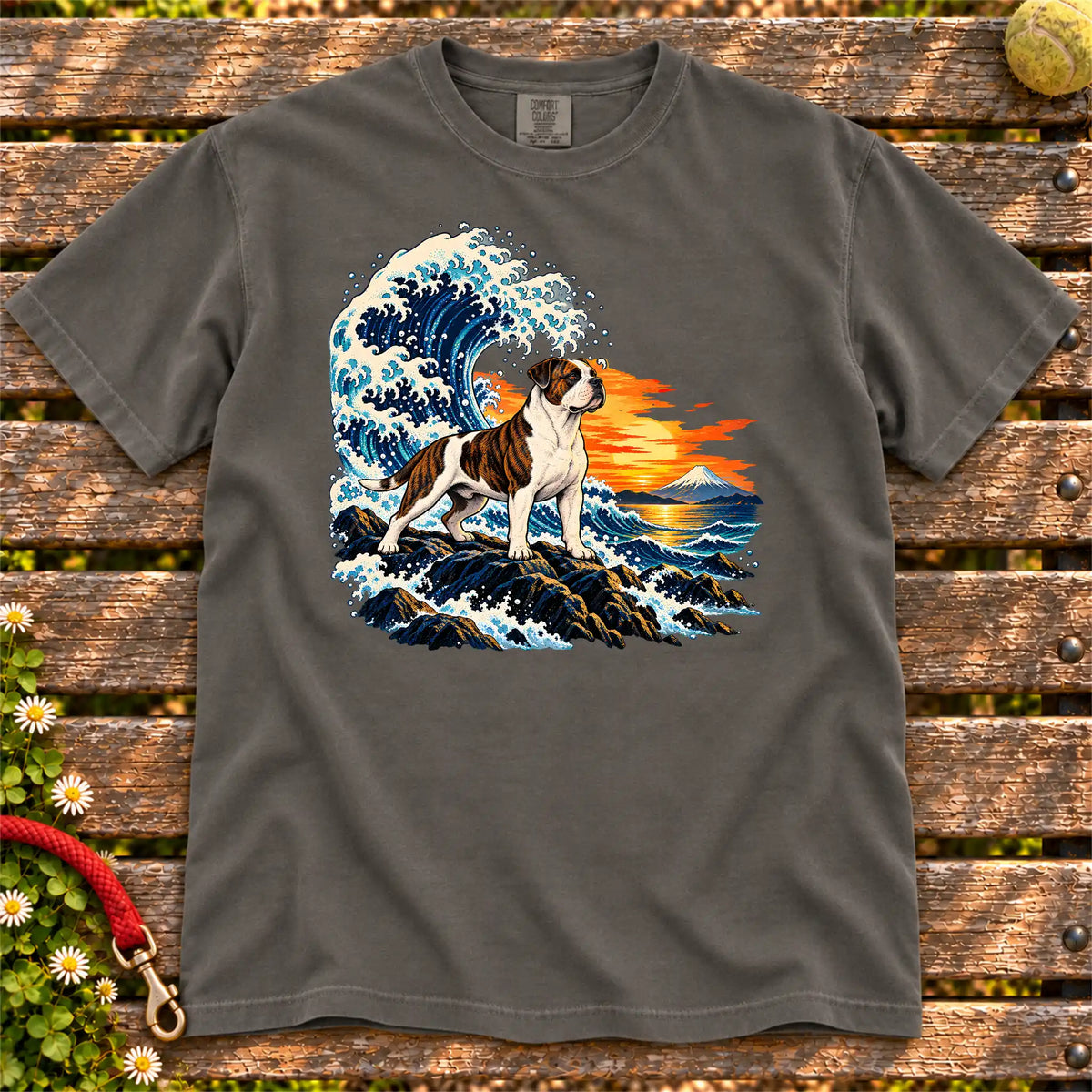 American Bulldog dog with ocean waves, sunset and Mount Fuji on a Pepper Comfort Colors T-shirt