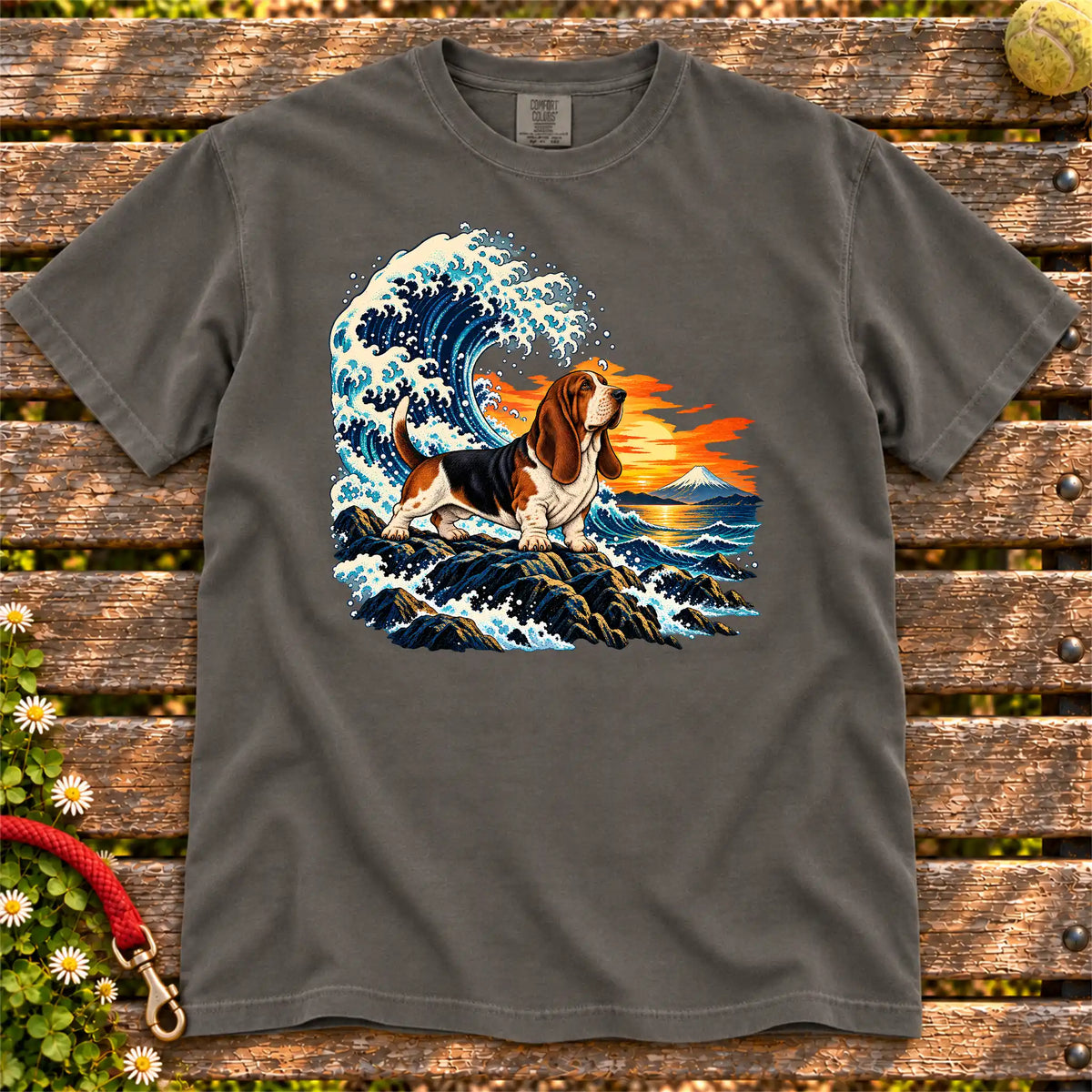 Basset Hound dog with ocean waves, sunset and Mount Fuji on a Pepper Comfort Colors T-shirt
