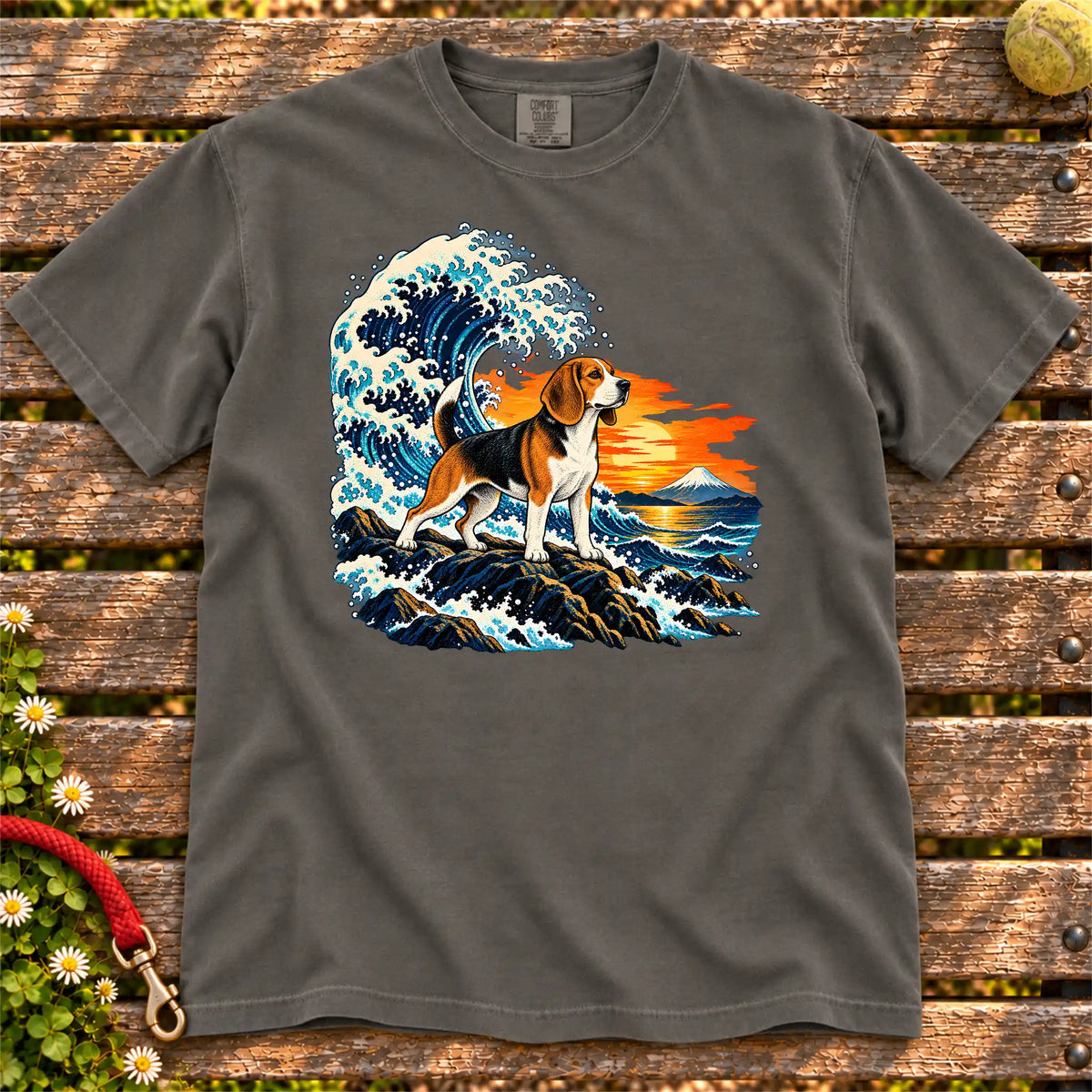 Beagle dog with ocean waves, sunset and Mount Fuji on a Pepper Comfort Colors T-shirt