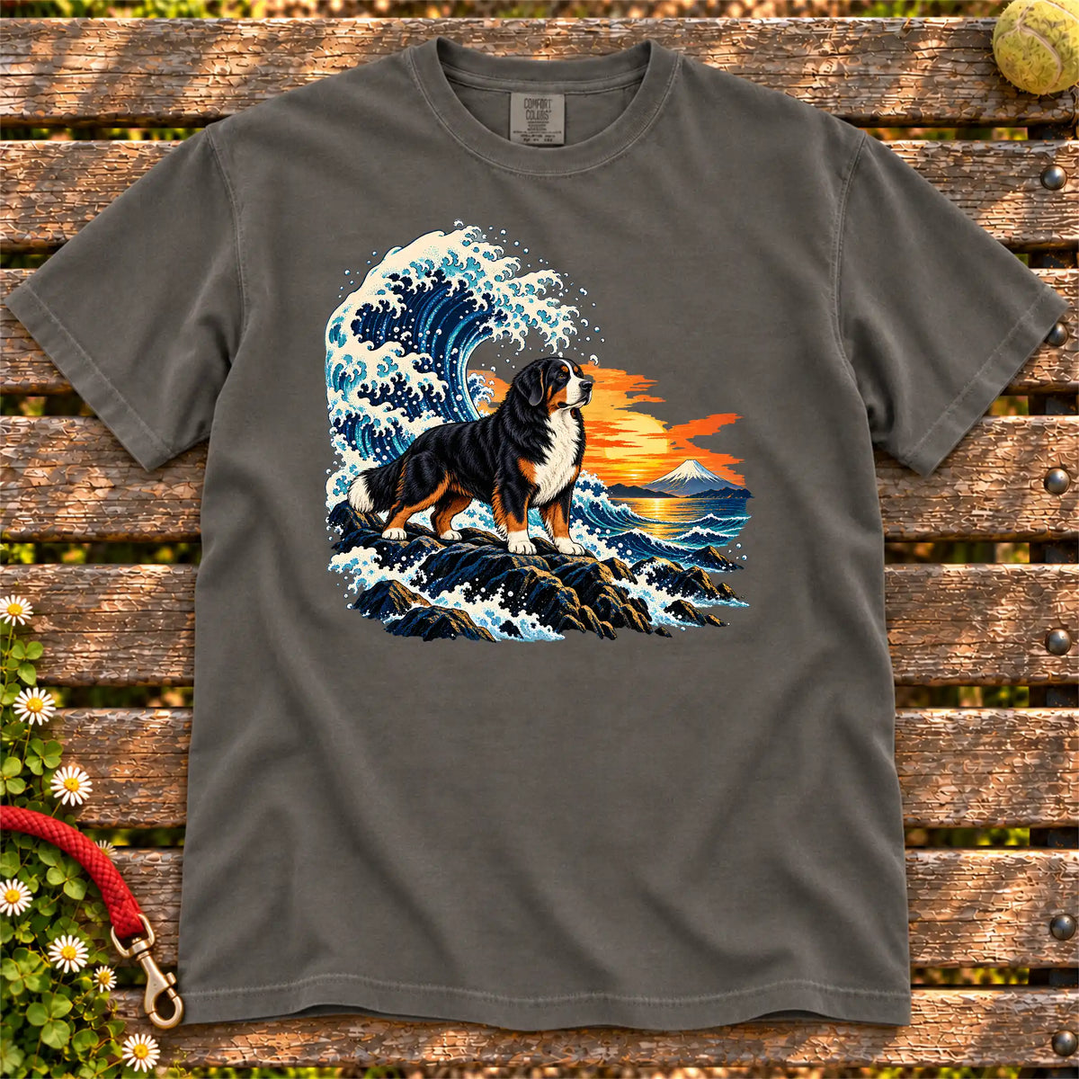 Bernese Mountain Dog dog with ocean waves, sunset and Mount Fuji on a Pepper Comfort Colors T-shirt