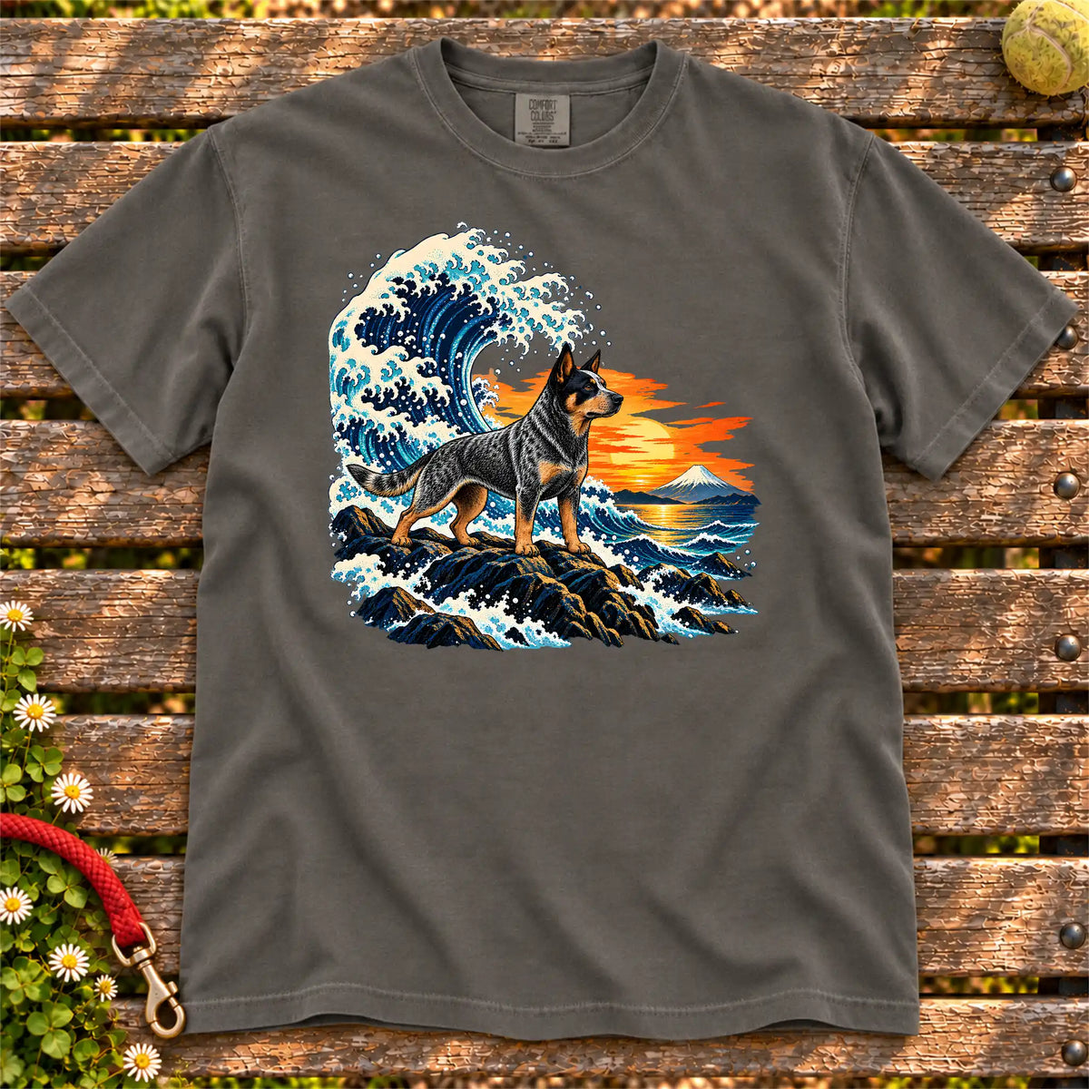 Blue Heeler dog with ocean waves, sunset and Mount Fuji on a Pepper Comfort Colors T-shirt