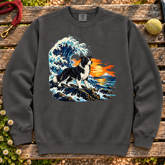 Border Collie dog with ocean waves, sunset and Mount Fuji on a Pepper Comfort Colors sweatshirt