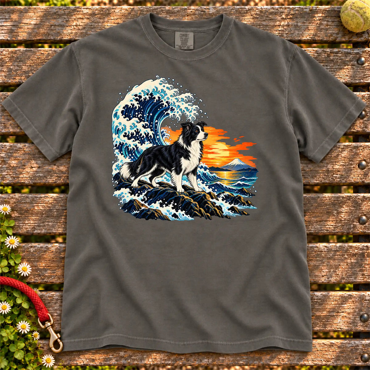 Border Collie dog with ocean waves, sunset and Mount Fuji on a Pepper Comfort Colors T-shirt