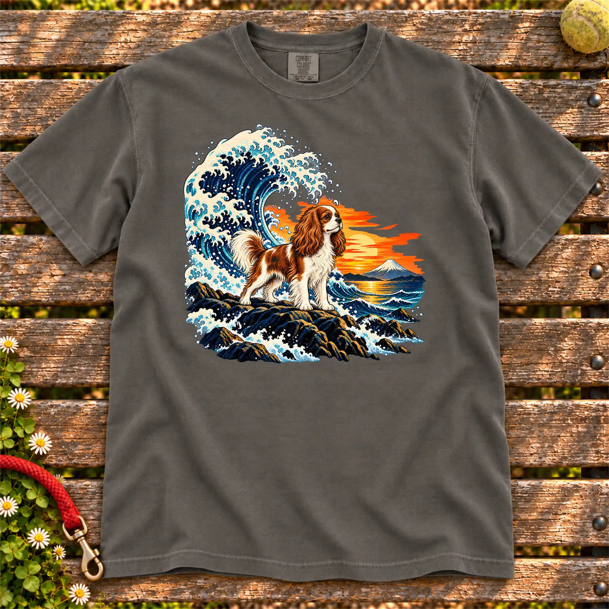 Cavalier King Charles Spaniel dog with ocean waves, sunset and Mount Fuji on a Pepper Comfort Colors T-shirt
