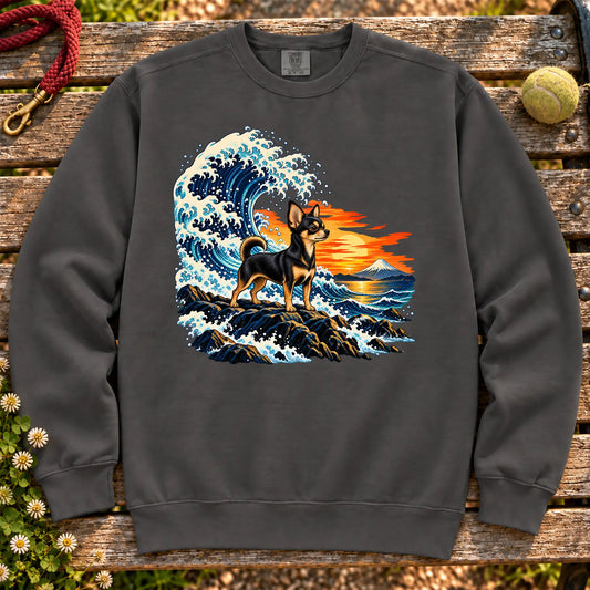Chihuahua dog with ocean waves, sunset and Mount Fuji on a Pepper Comfort Colors sweatshirt