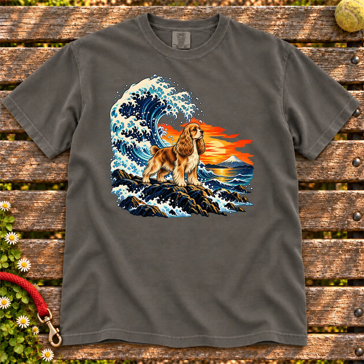 Cocker Spaniel dog with ocean waves, sunset and Mount Fuji on a Pepper Comfort Colors T-shirt