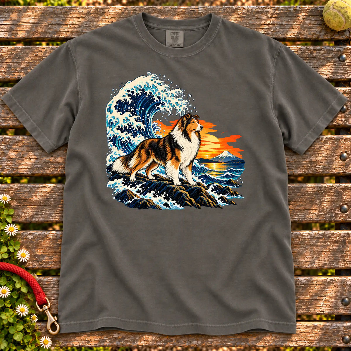 Collie dog with ocean waves, sunset and Mount Fuji on a Pepper Comfort Colors T-shirt