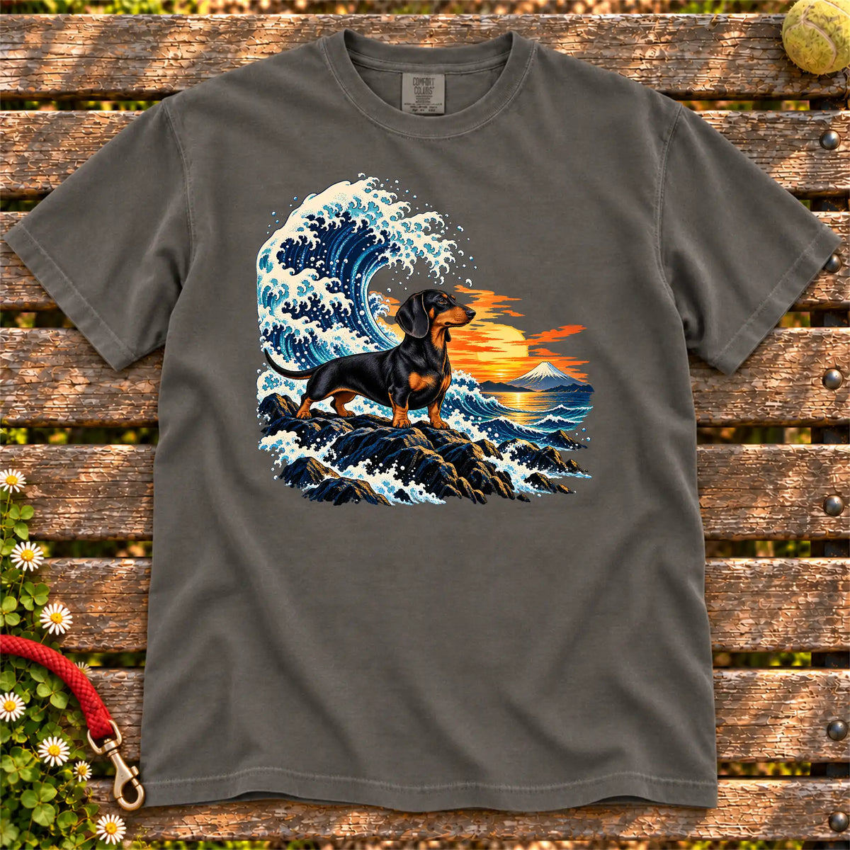 Dachshund dog with ocean waves, sunset and Mount Fuji on a Pepper Comfort Colors T-shirt