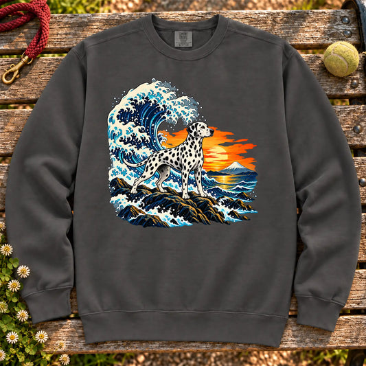 Dalmatian dog with ocean waves, sunset and Mount Fuji on a Pepper Comfort Colors sweatshirt