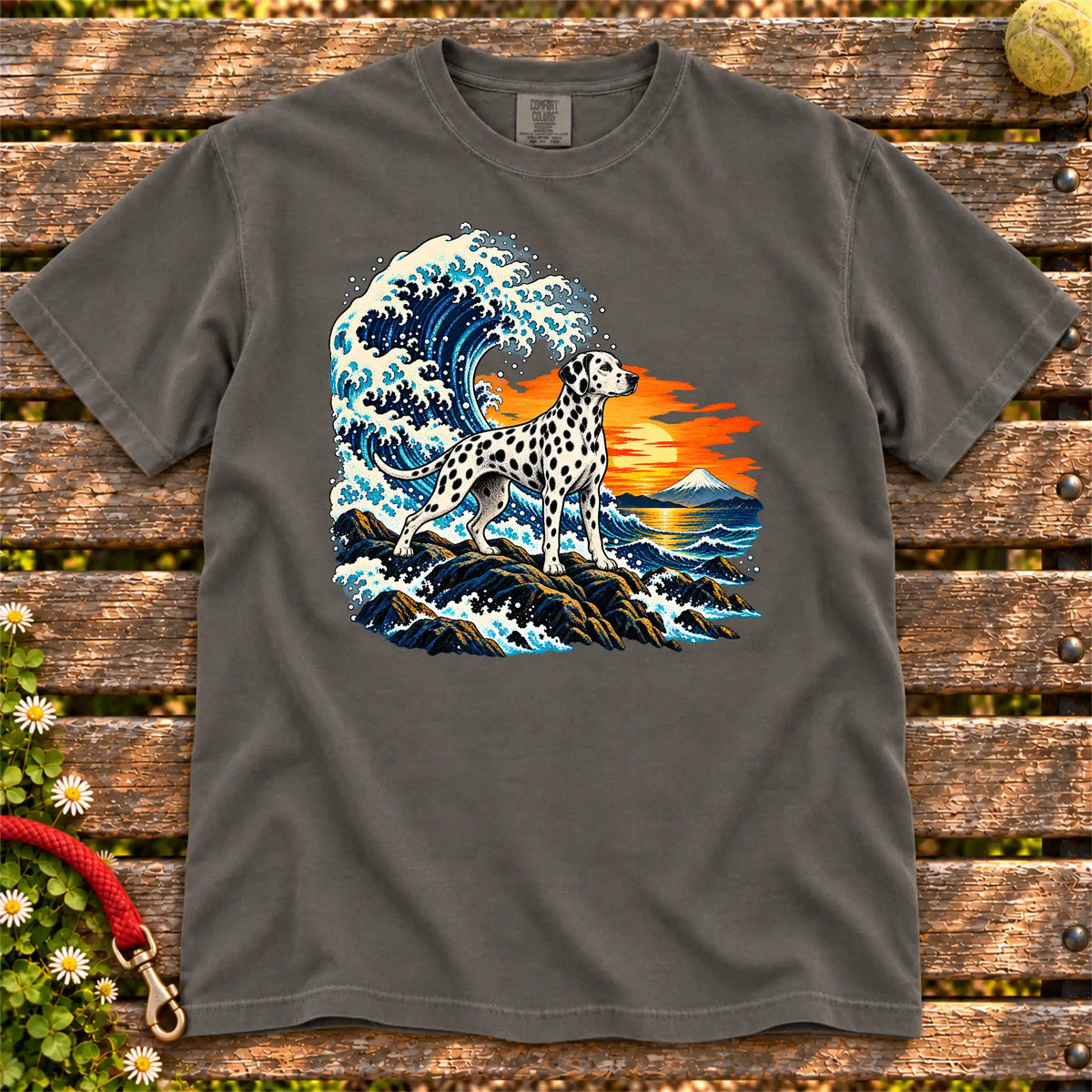 Dalmatian dog with ocean waves, sunset and Mount Fuji on a Pepper Comfort Colors T-shirt