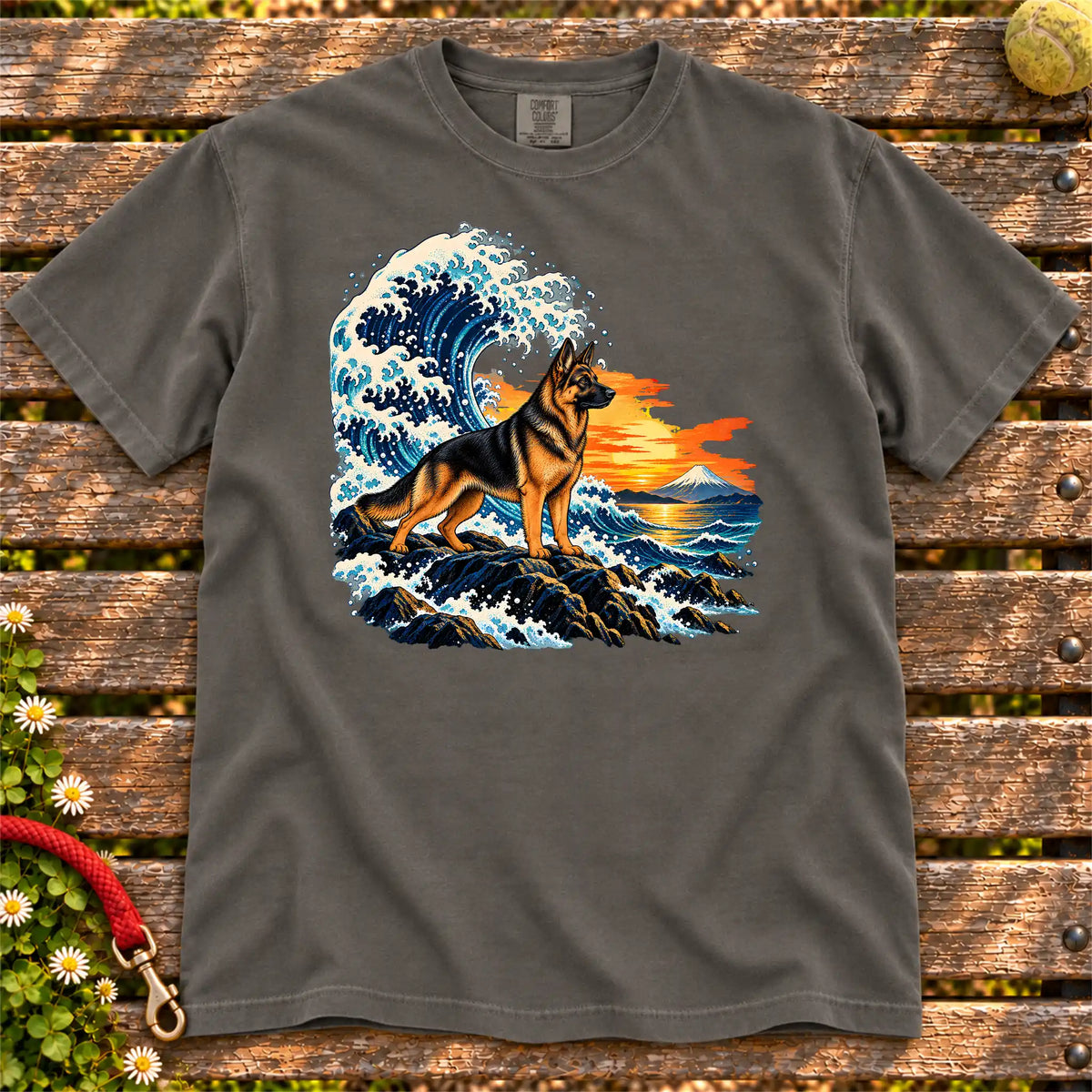 German Shepherd dog with ocean waves, sunset and Mount Fuji on a Pepper Comfort Colors T-shirt