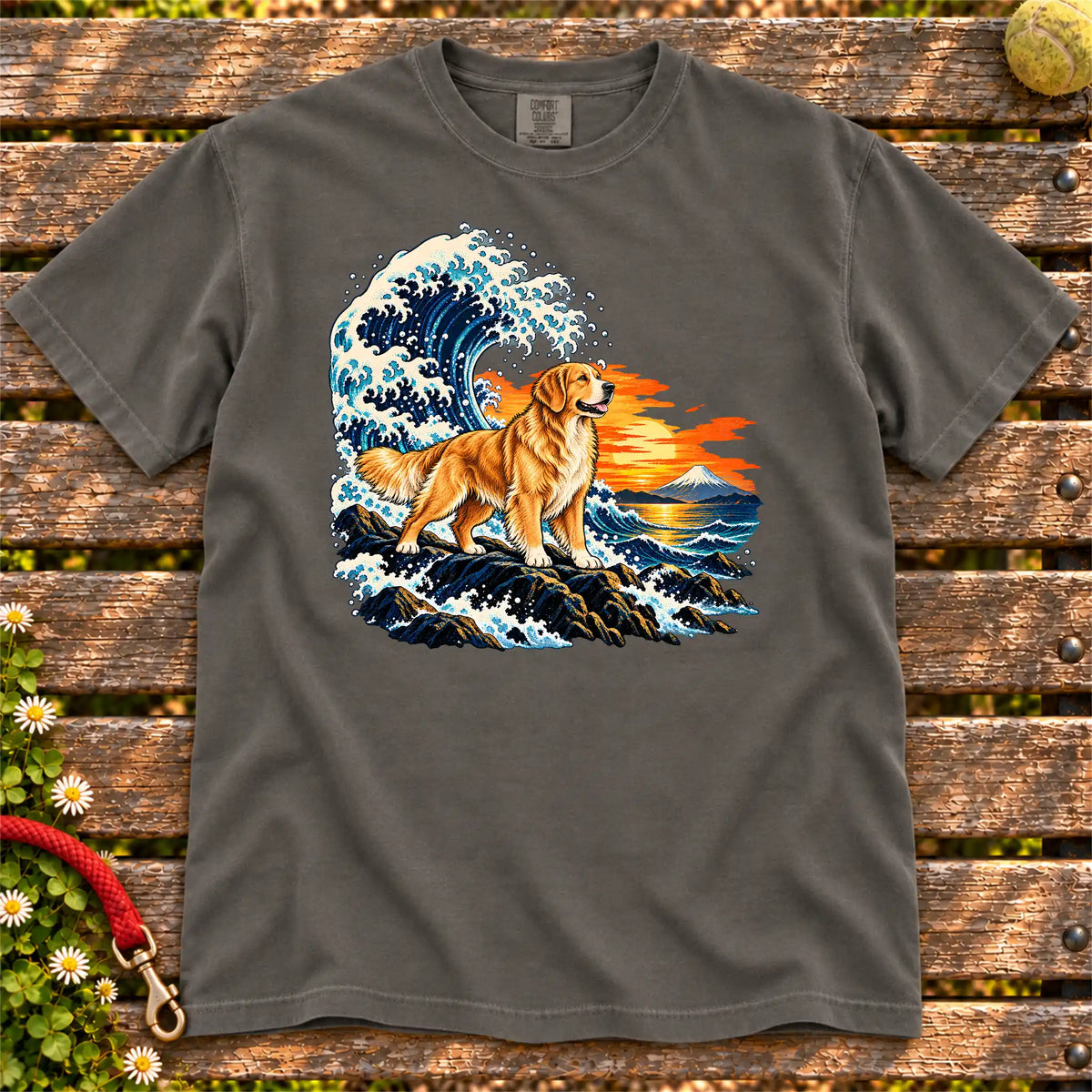 Golden Retriever dog with ocean waves, sunset and Mount Fuji on a Pepper Comfort Colors T-shirt