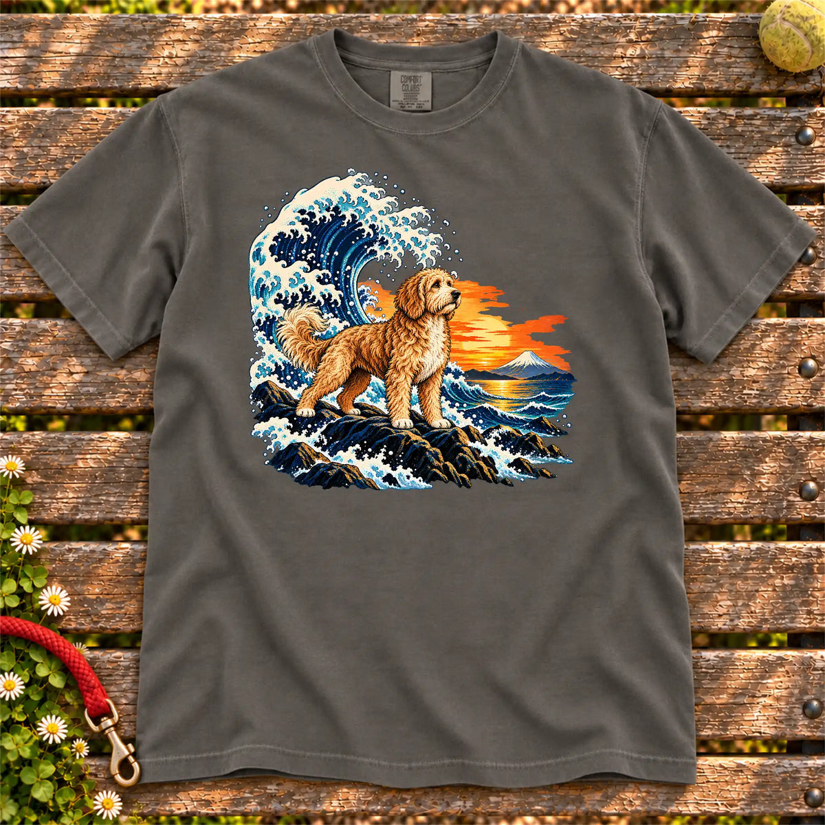 Goldendoodle dog with ocean waves, sunset and Mount Fuji on a Pepper Comfort Colors T-shirt
