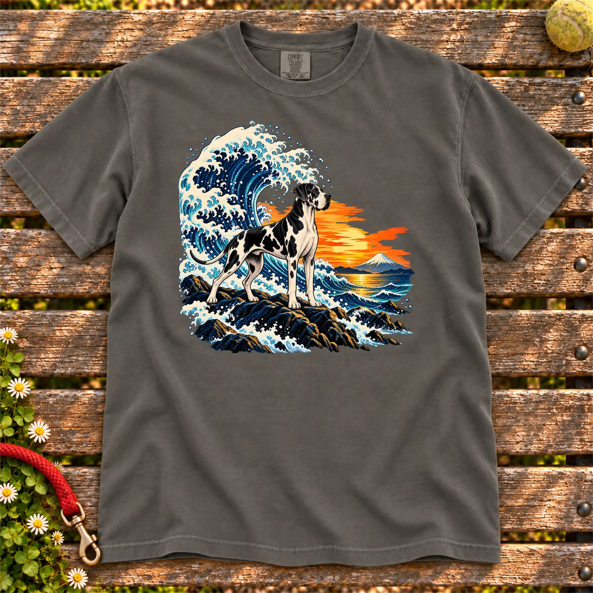 Great Dane dog with ocean waves, sunset and Mount Fuji on a Pepper Comfort Colors T-shirt