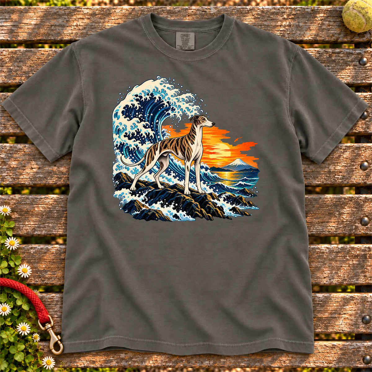 Greyhound dog with ocean waves, sunset and Mount Fuji on a Pepper Comfort Colors T-shirt
