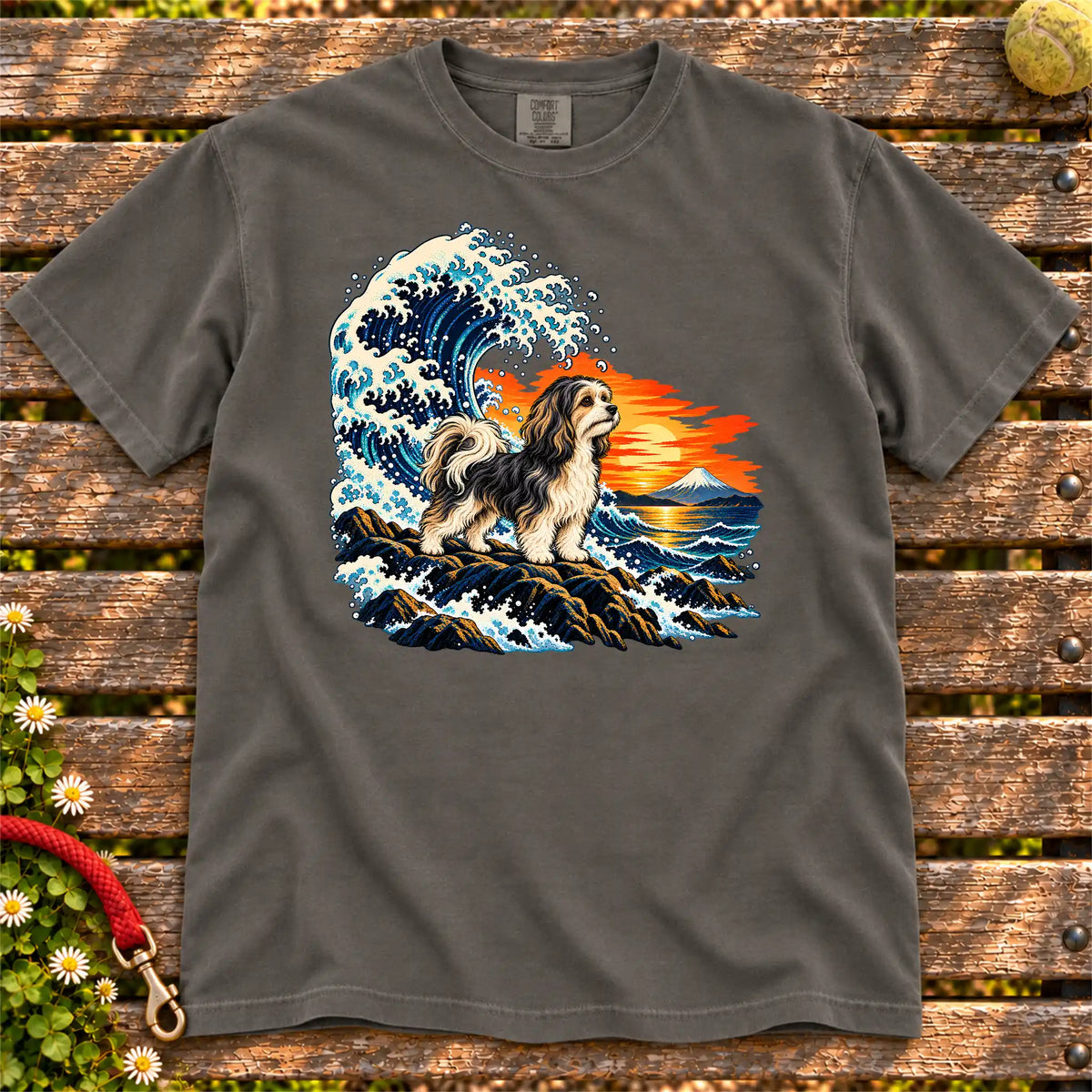 Havanese dog with ocean waves, sunset and Mount Fuji on a Pepper Comfort Colors T-shirt