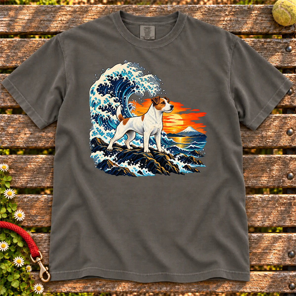 Jack Russell dog with ocean waves, sunset and Mount Fuji on a Pepper Comfort Colors T-shirt