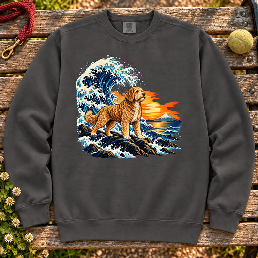 Labradoodle dog with ocean waves, sunset and Mount Fuji on a Pepper Comfort Colors sweatshirt