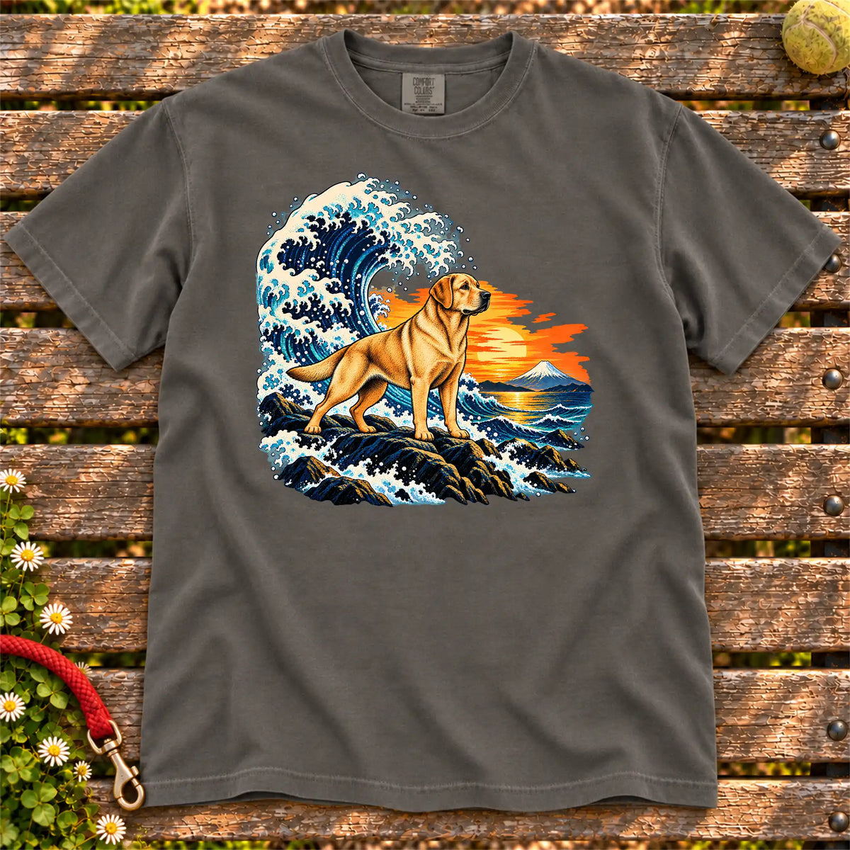 Labrador Retriever dog with ocean waves, sunset and Mount Fuji on a Pepper Comfort Colors T-shirt