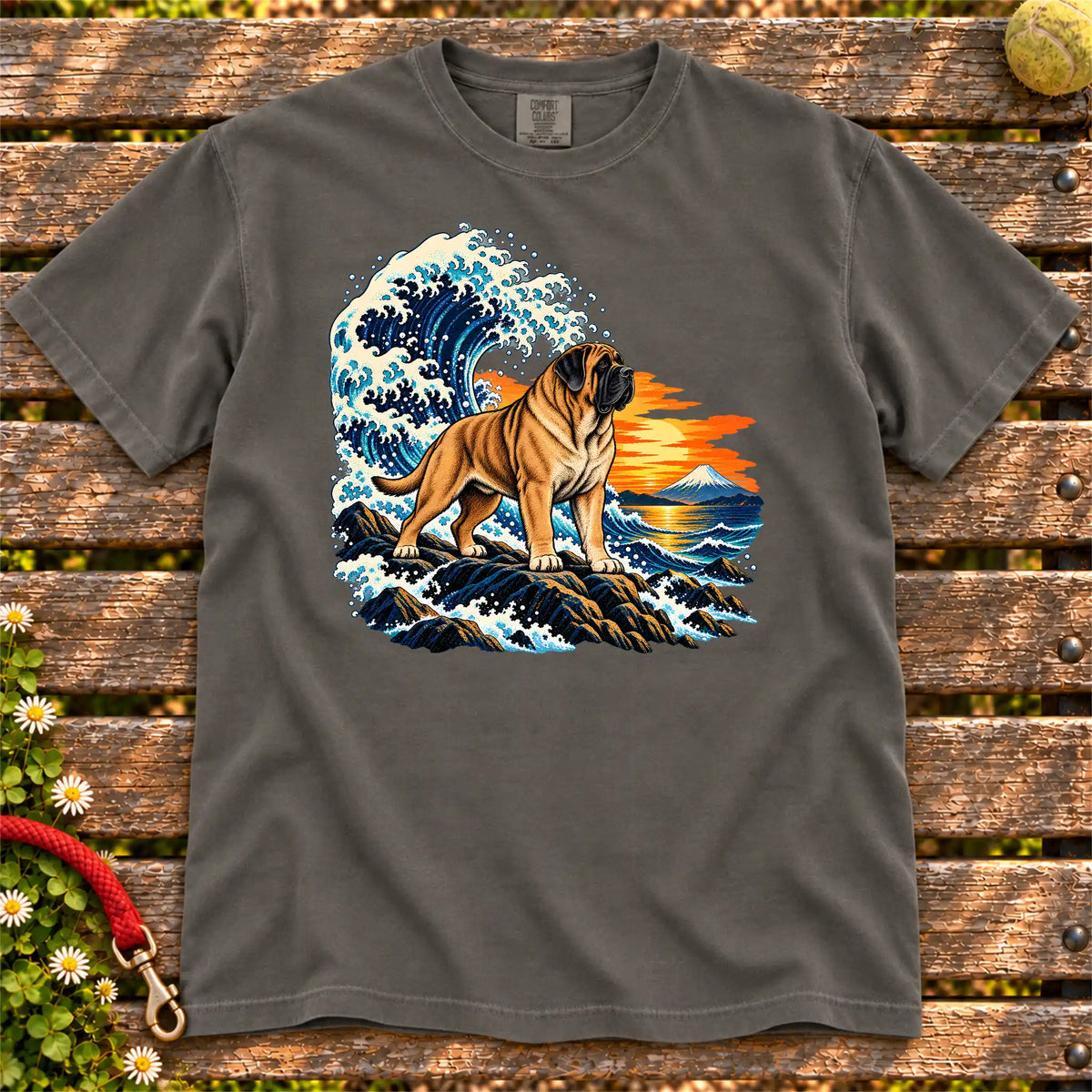Mastiff dog with ocean waves, sunset and Mount Fuji on a Pepper Comfort Colors T-shirt