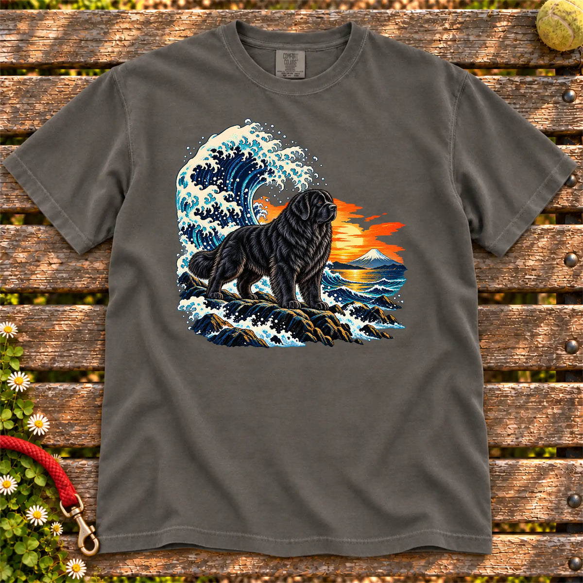 Newfie dog with ocean waves, sunset and Mount Fuji on a Pepper Comfort Colors T-shirt