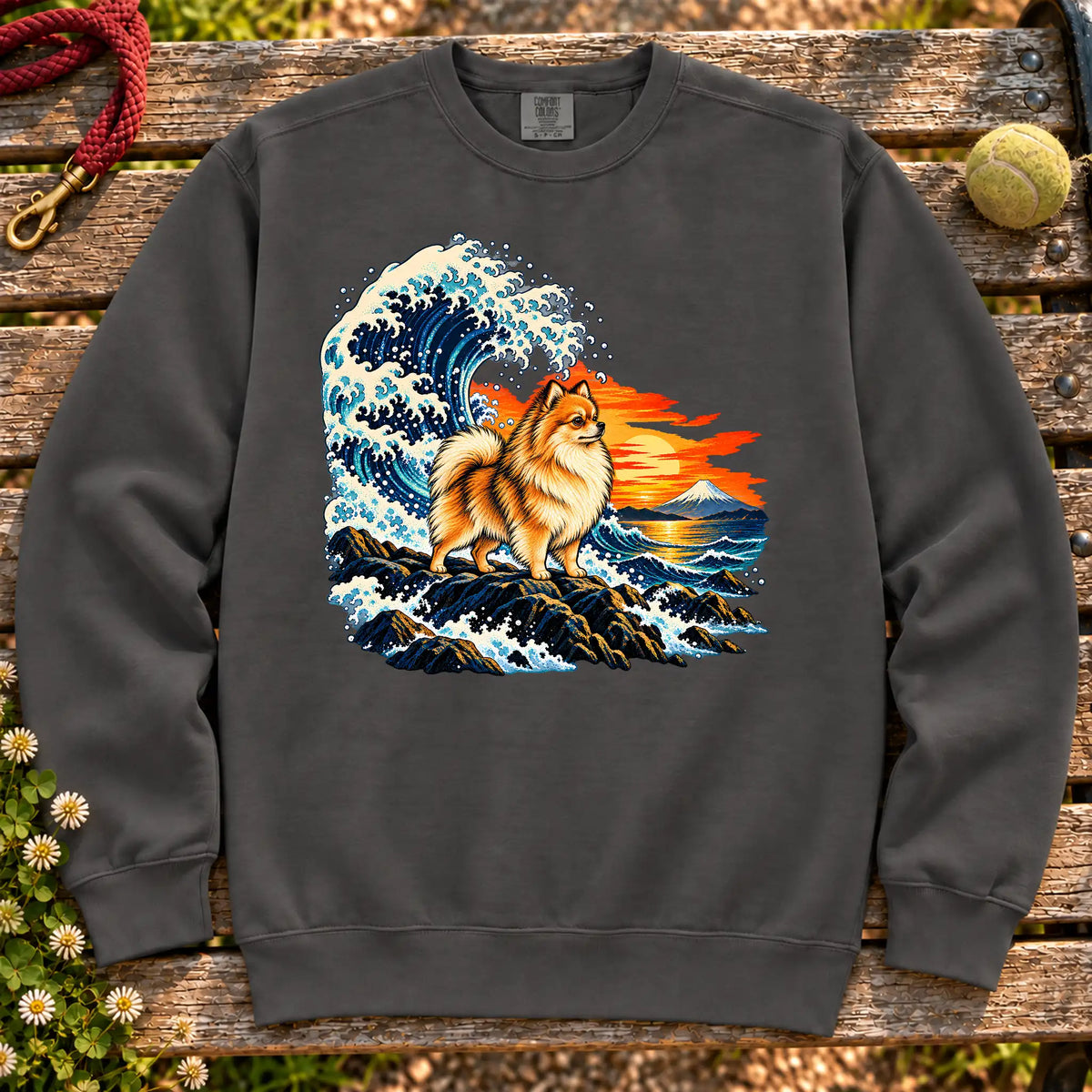 Pomeranian dog with ocean waves, sunset and Mount Fuji on a Pepper Comfort Colors sweatshirt