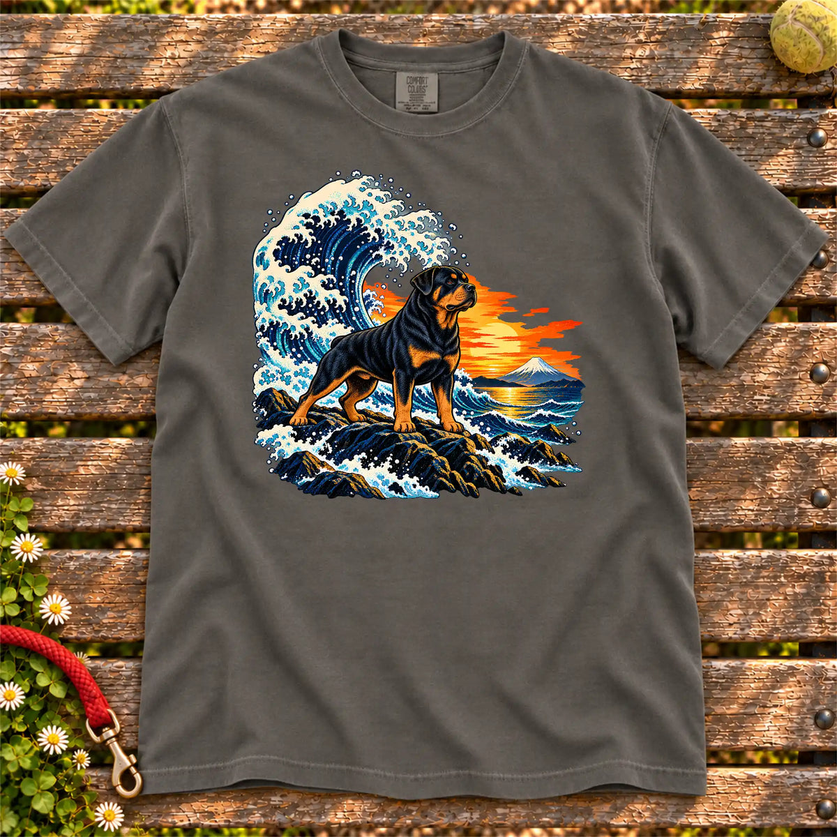 Rottweiler dog with ocean waves, sunset and Mount Fuji on a Pepper Comfort Colors T-shirt