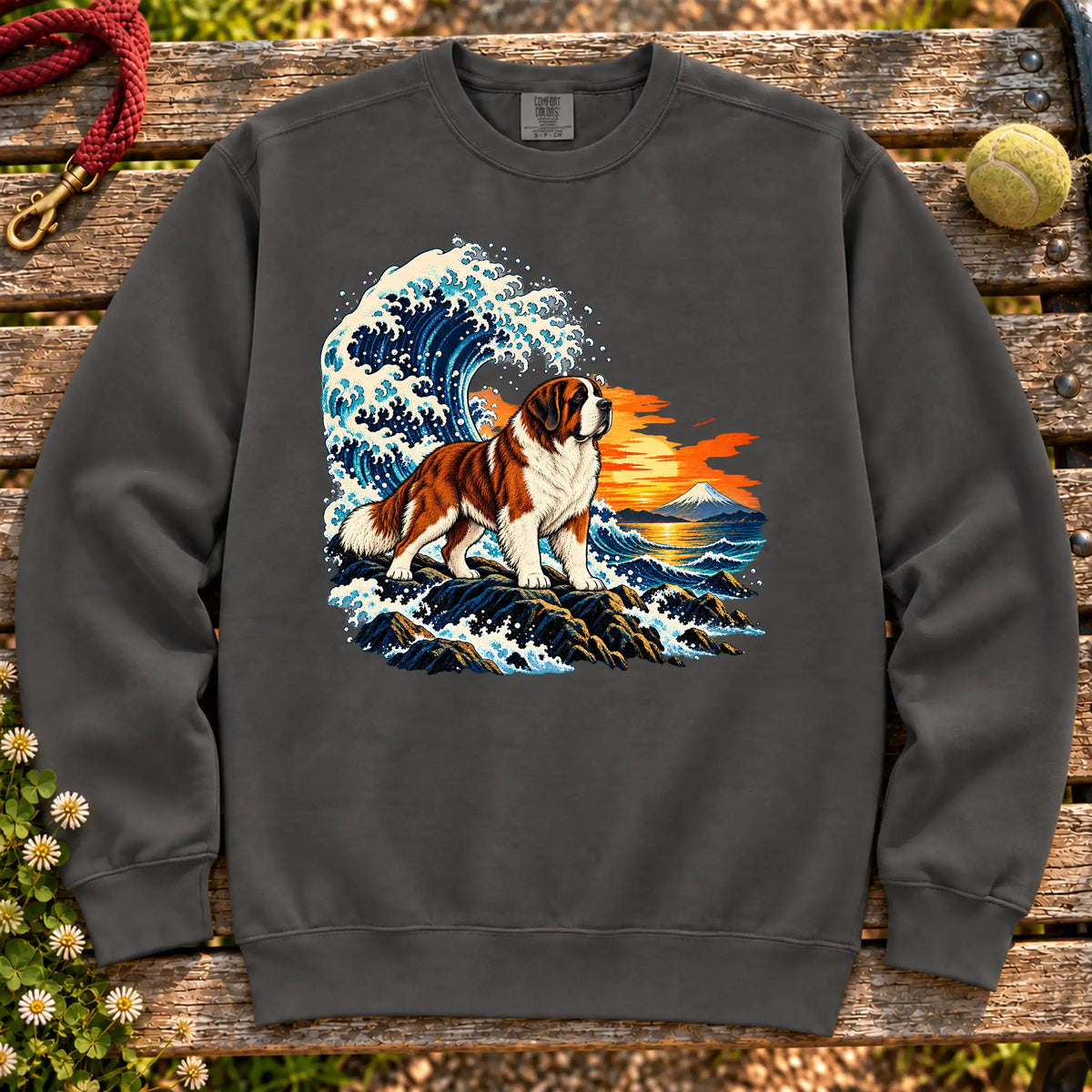 Saint Bernard dog with ocean waves, sunset and Mount Fuji on a Pepper Comfort Colors sweatshirt