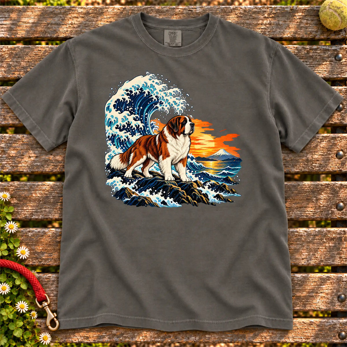 Saint Bernard dog with ocean waves, sunset and Mount Fuji on a Pepper Comfort Colors T-shirt