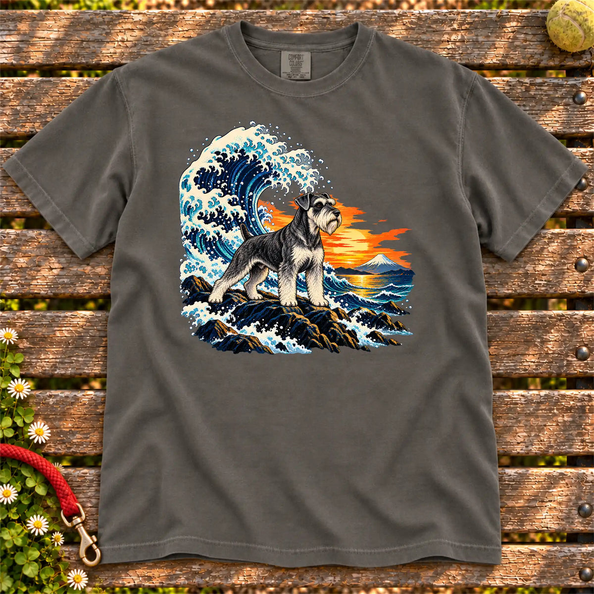 Schnauzer dog with ocean waves, sunset and Mount Fuji on a Pepper Comfort Colors T-shirt