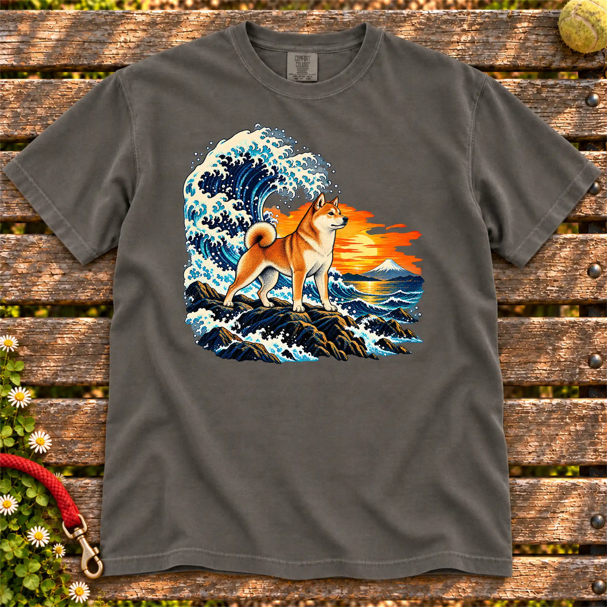 Shiba Inu dog with ocean waves, sunset and Mount Fuji on a Pepper Comfort Colors T-shirt