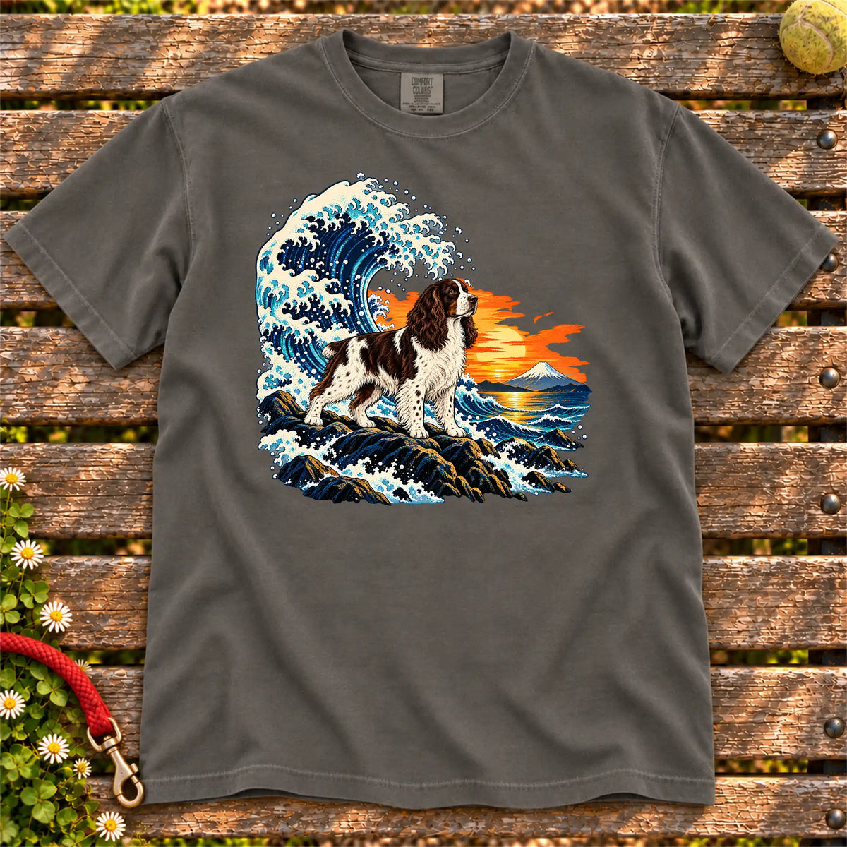 Springer Spaniel dog with ocean waves, sunset and Mount Fuji on a Pepper Comfort Colors T-shirt