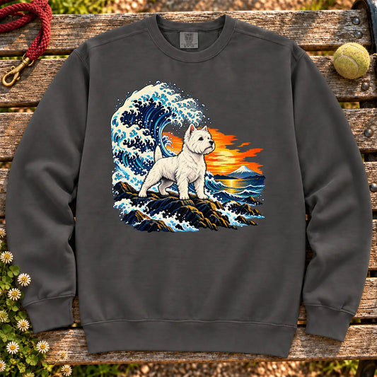 Westie dog with ocean waves, sunset and Mount Fuji on a Pepper Comfort Colors sweatshirt