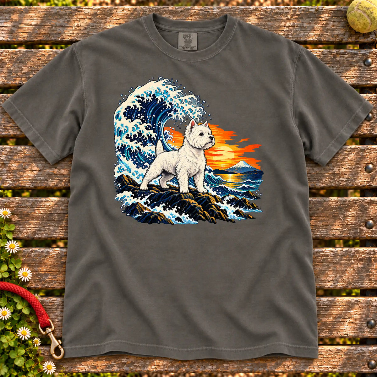 Westie dog with ocean waves, sunset and Mount Fuji on a Pepper Comfort Colors T-shirt