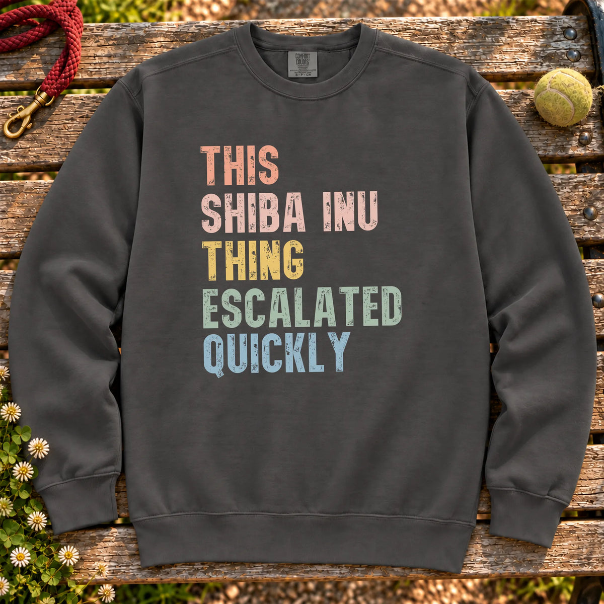 “This Shiba Inu thing escalated quickly” text on a Pepper sweatshirt