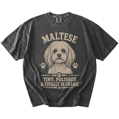 Maltese design with “Tiny, Polished & Totally In Charge” lettering on a Pepper Comfort Colors® T-shirt