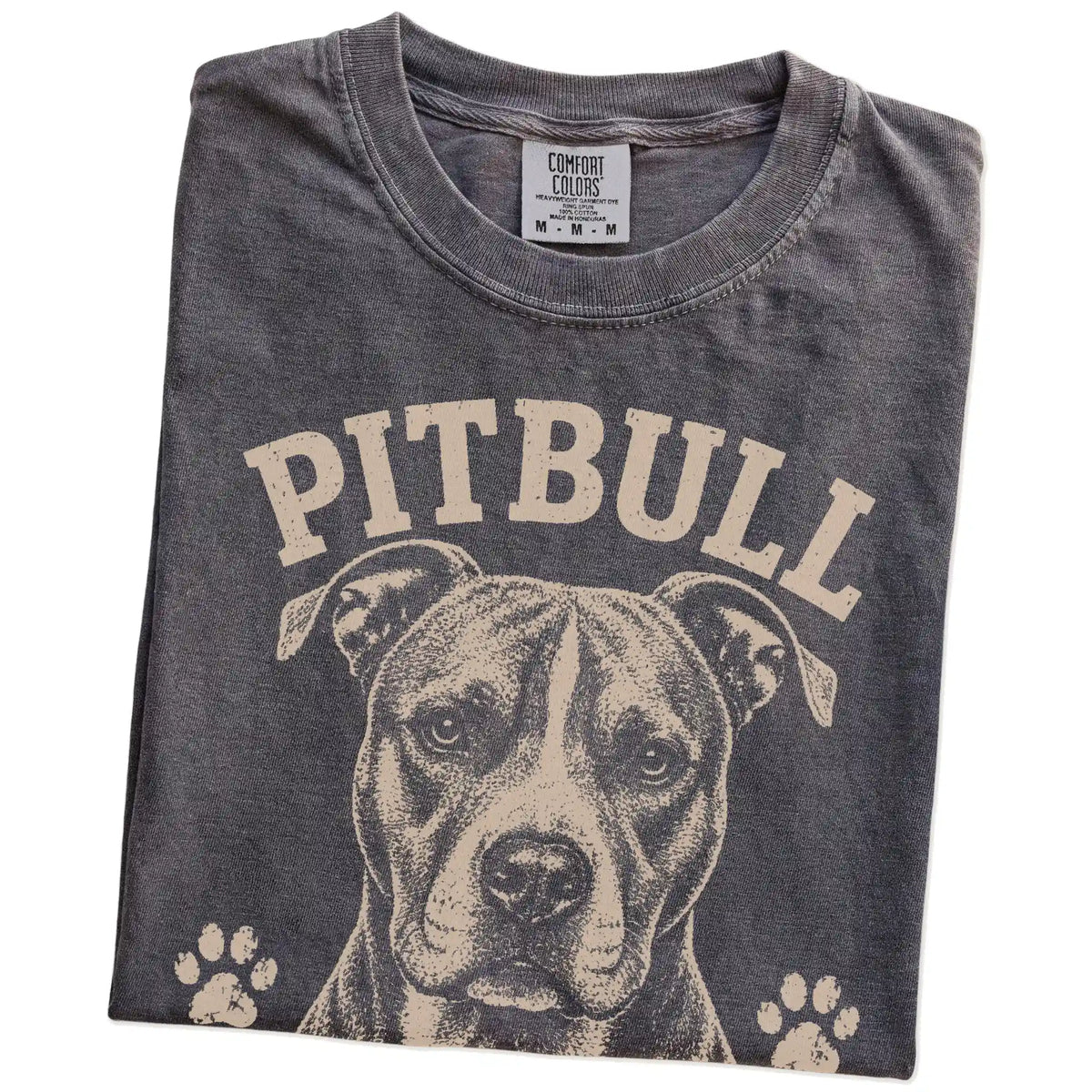 Folded Pepper Comfort Colors® T-shirt showing Pitbull design with “Tough Look, Soft Center” lettering