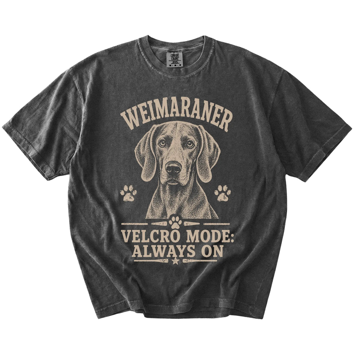 Weimaraner design with “Velcro Mode” lettering on a Pepper Comfort Colors® T-shirt
