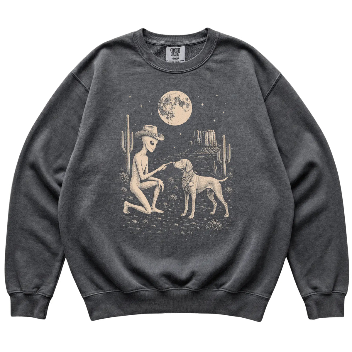 Pepper Comfort Colors® sweatshirt featuring Vizsla Cowboy and Alien, laid-flat presentation