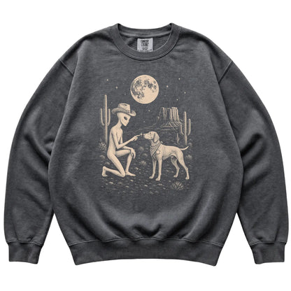 Pepper Comfort Colors® sweatshirt featuring Vizsla Cowboy and Alien, laid-flat presentation