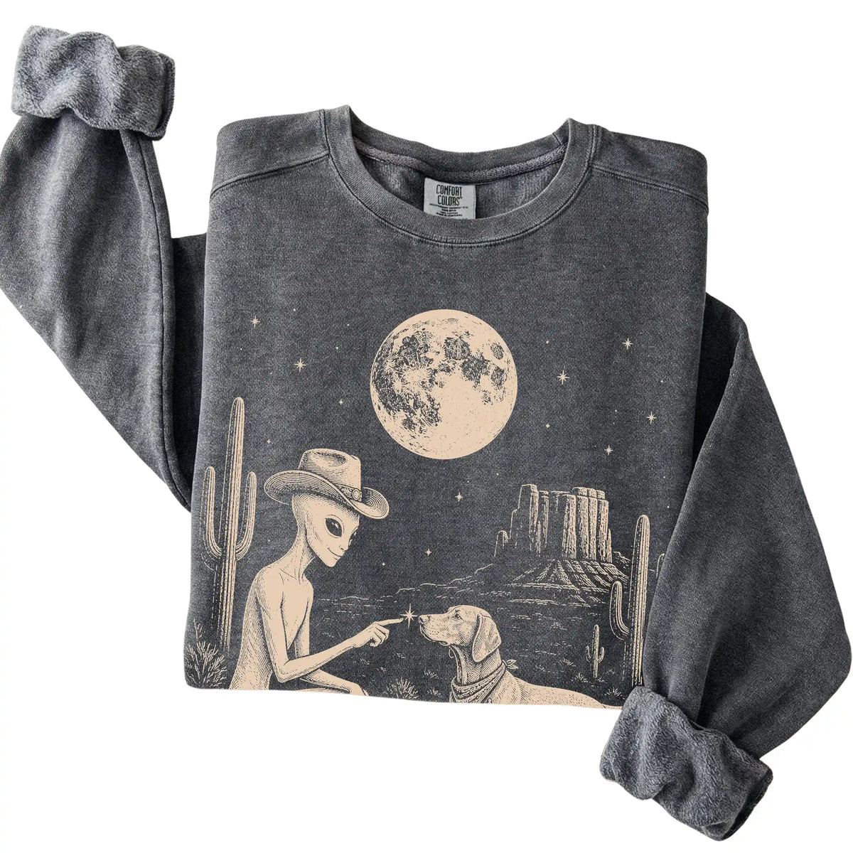 Pepper Comfort Colors® sweatshirt featuring Vizsla Cowboy and Alien, folded presentation