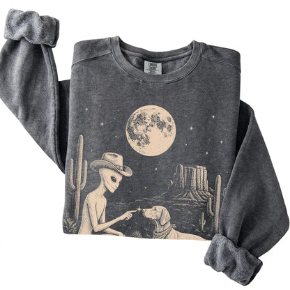 Pepper Comfort Colors® sweatshirt featuring Vizsla Cowboy and Alien, folded presentation