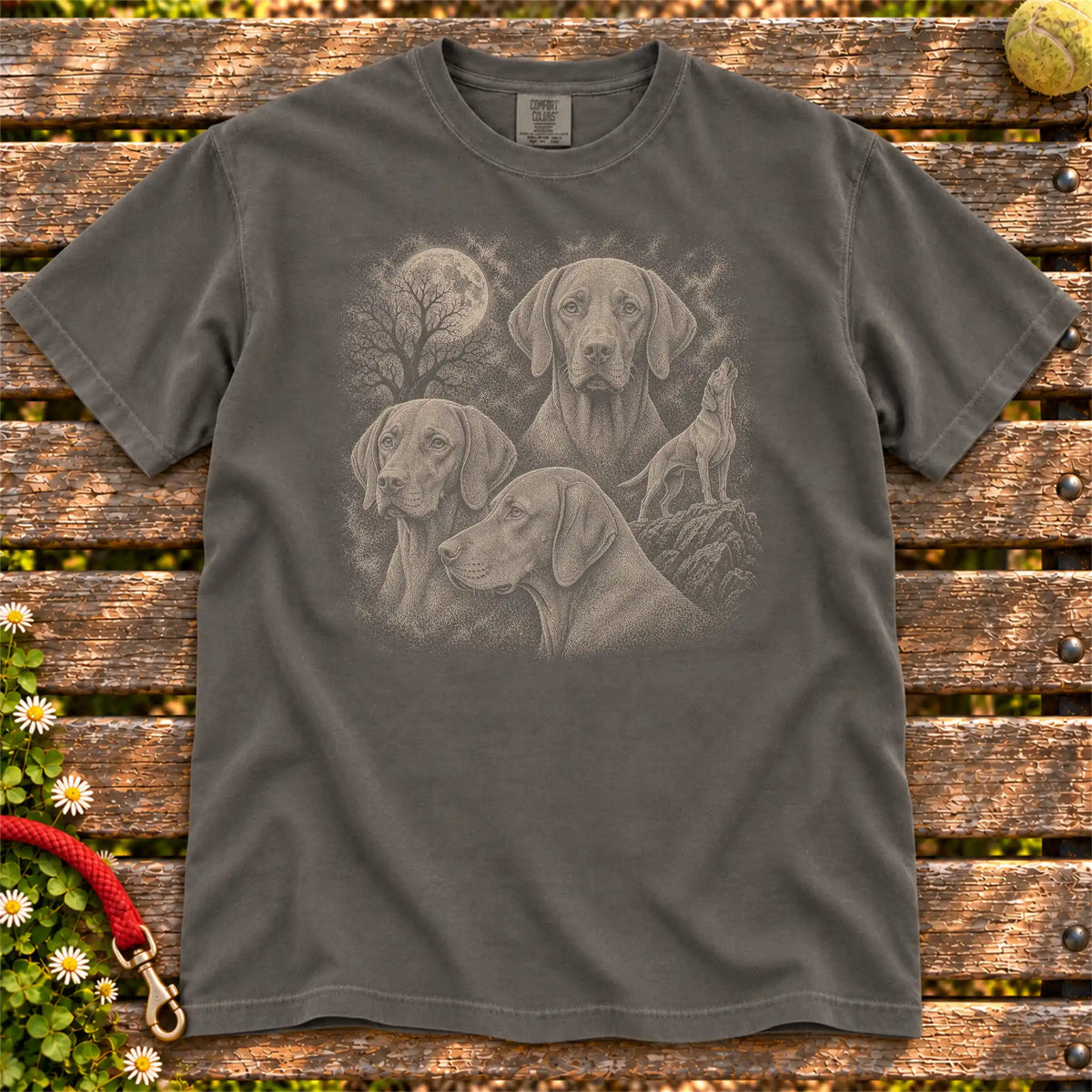 Vizsla 90s Moon design on a Pepper T-shirt shown flat