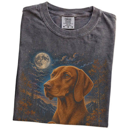 Folded pepper T-shirt with Vizsla Autumn Moon artwork.