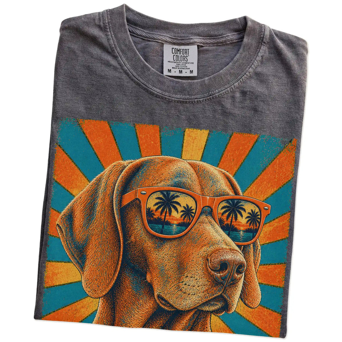 Retro Vizsla Dad design on a Pepper Comfort Colors T-shirt folded detail