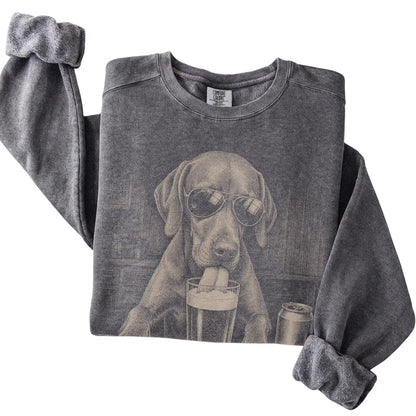 Pepper Vizsla drinking from a pint at a bar, folded detail view