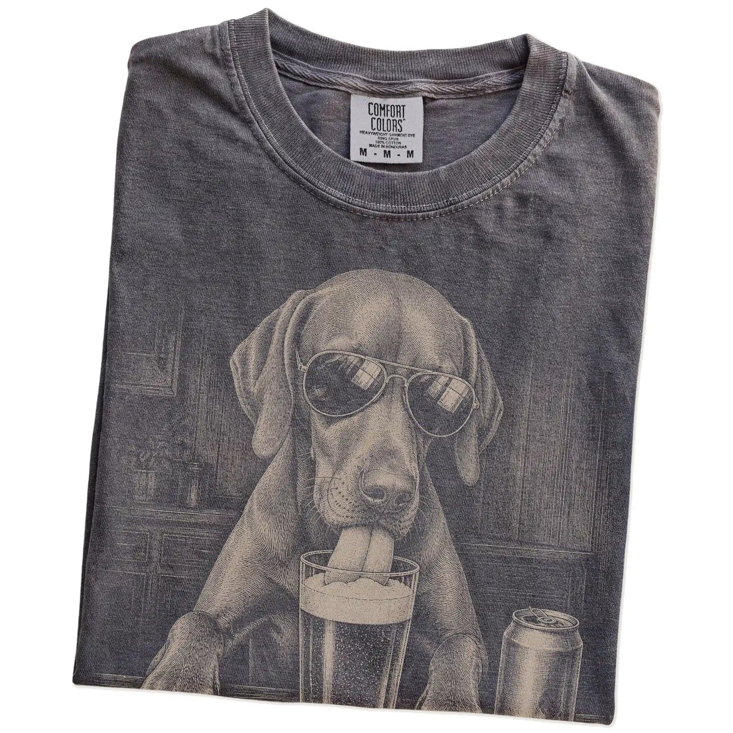 Folded Pepper Comfort Colors® t-shirt showing Vizsla sneaking a drink from a pint