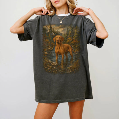 Woman wearing a Pepper Vizsla Duck Hunting T-Shirt