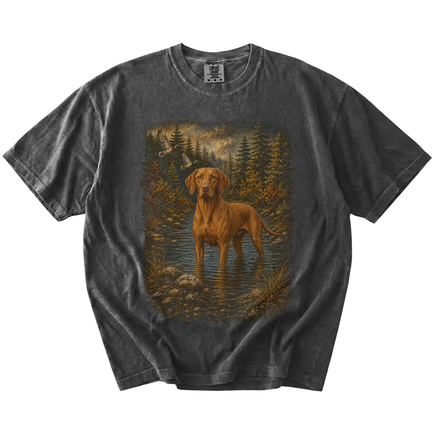 Pepper Vizsla Duck Hunting T-Shirt laid flat