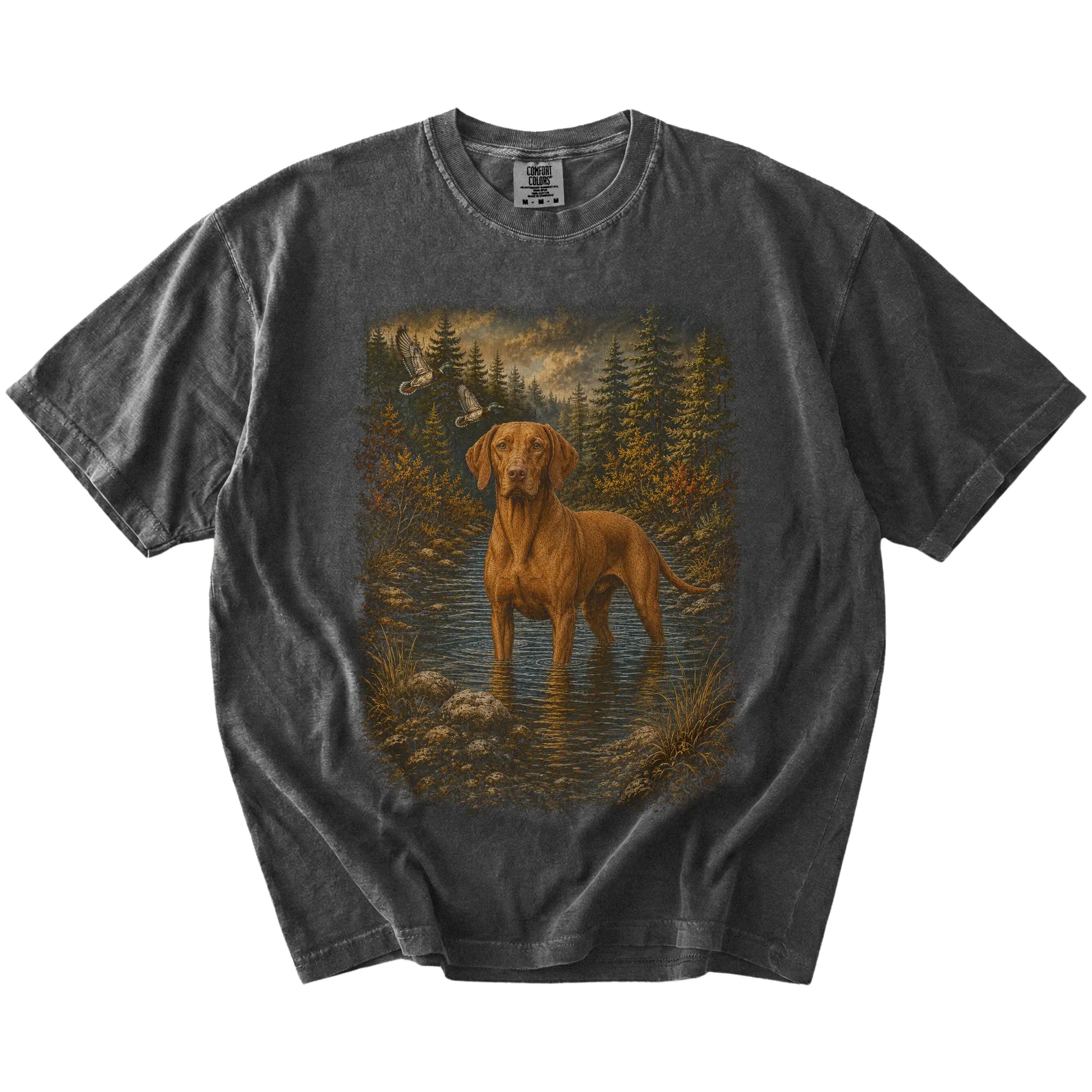 Pepper Vizsla Duck Hunting T-Shirt laid flat